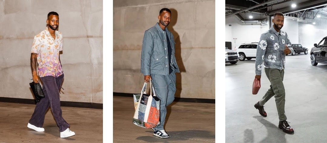The tunnel fits of Kellyn Acosta of LAFC. Denim, floral shirts and clean shoes.