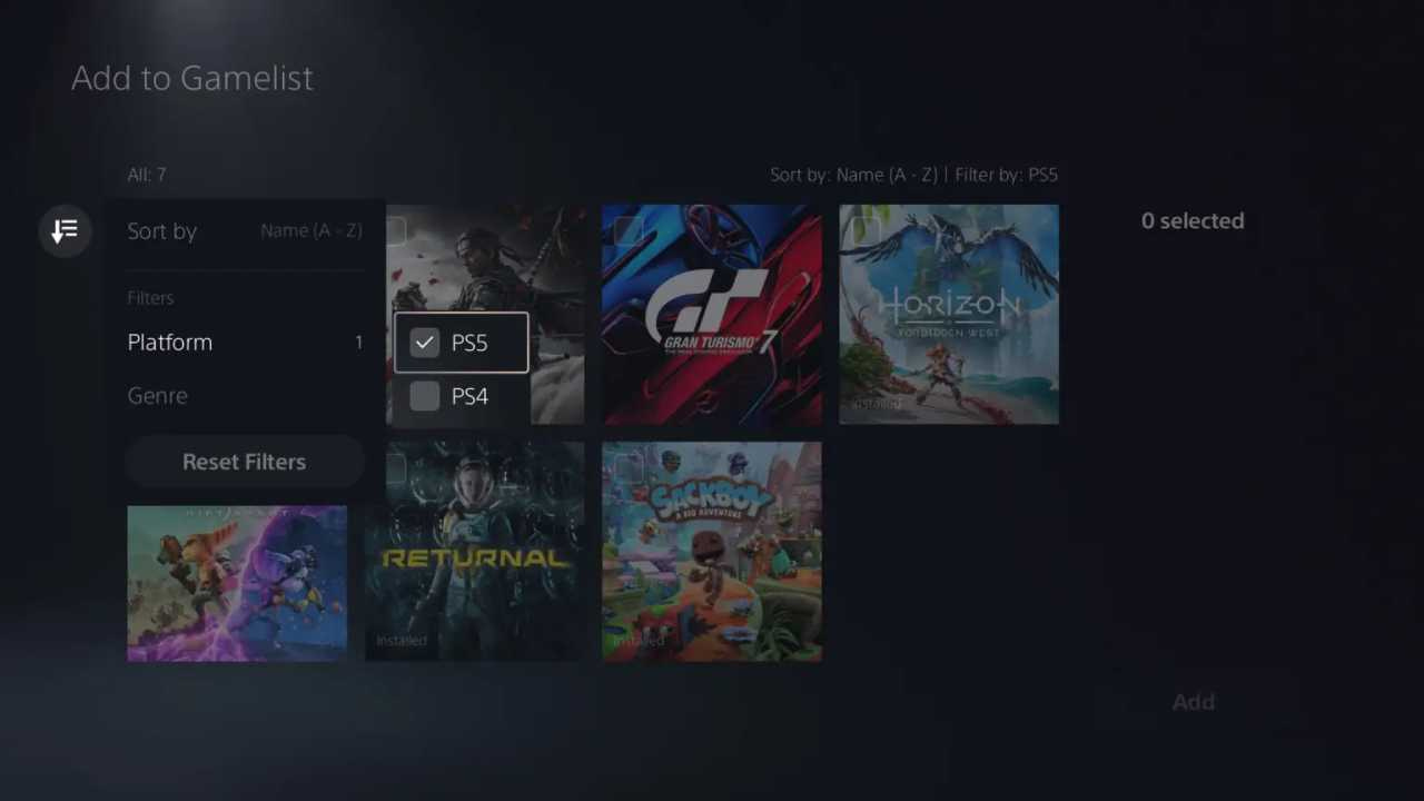 Gamelist filter options on PS5 Gamelist filter options on PS5