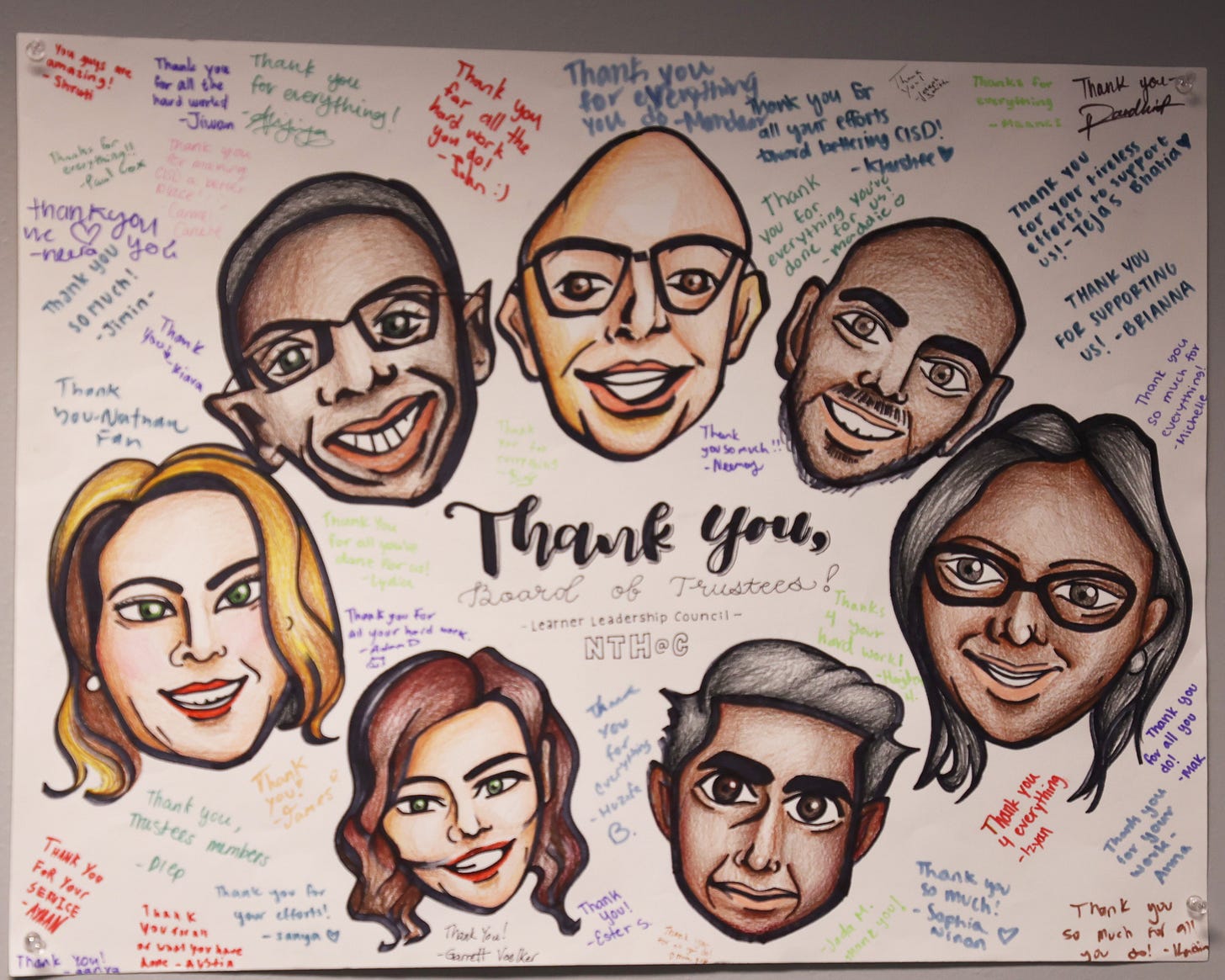 Caricatures of the seven Coppell ISD trustees surrounded by thank you messages from New Tech High students Caricatures of the seven Coppell ISD trustees surrounded by thank you messages from New Tech High students