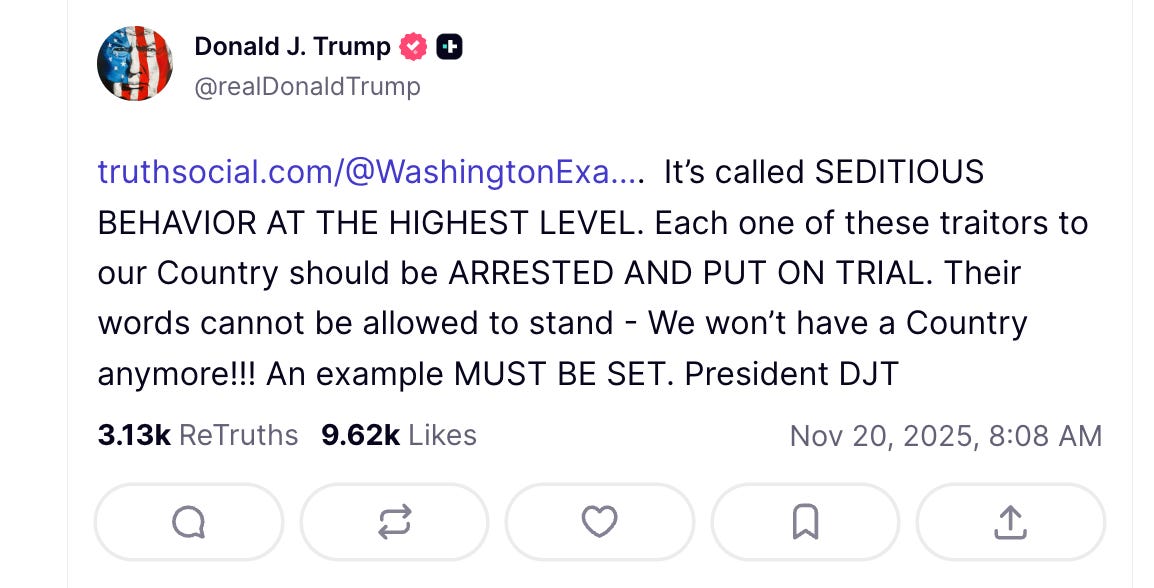 Trump: It’s called SEDITIOUS BEHAVIOR AT THE HIGHEST LEVEL. Each one of these traitors to our Country should be ARRESTED AND PUT ON TRIAL. Their words cannot be allowed to stand - We won’t have a Country anymore!!! An example MUST BE SET. President DJT