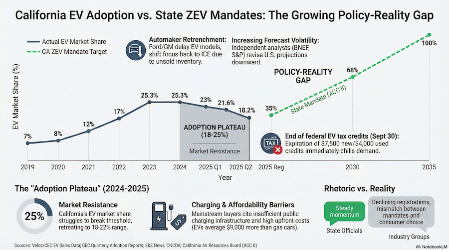 The graphic shows the trends in the EV market and how the state’s mandates have been called “unrealistic.” Steve Puterski graphic/AI