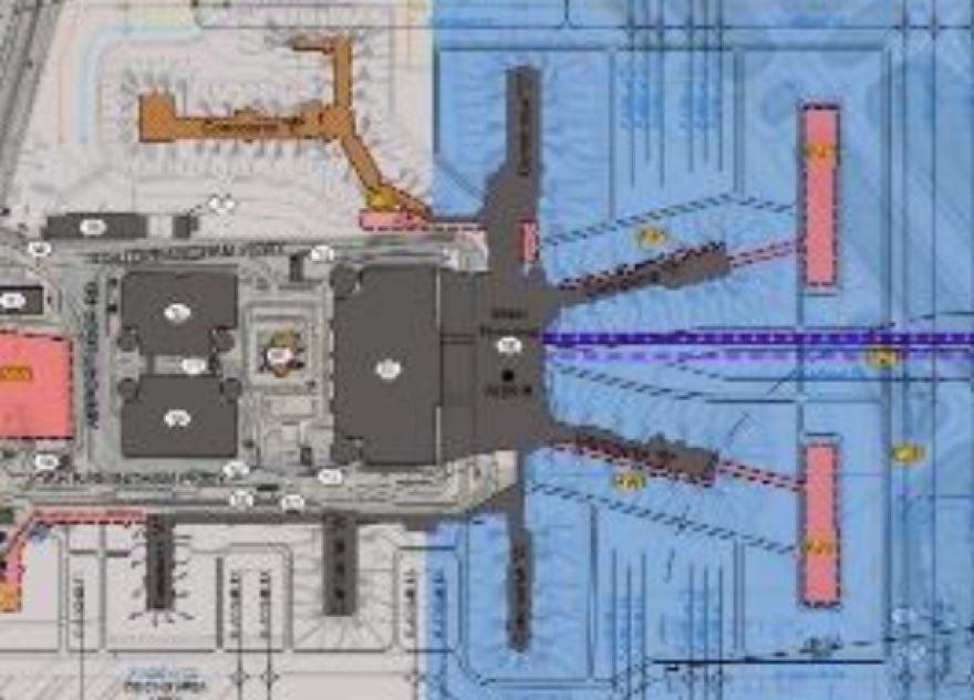 The airport could extend the B and C concourses (in pink).
