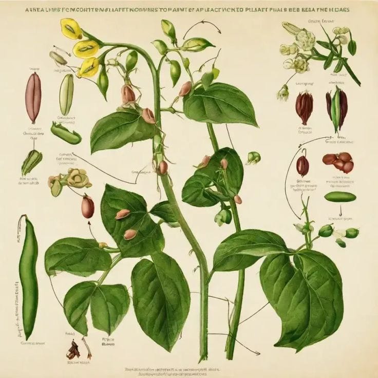Illustrated botanical diagram of a bean plant, showing detailed parts including leaves, flowers, seeds, and pods in various growth stages. Labels identify plant structures, such as flower anatomy and bean varieties, set against a light beige background.