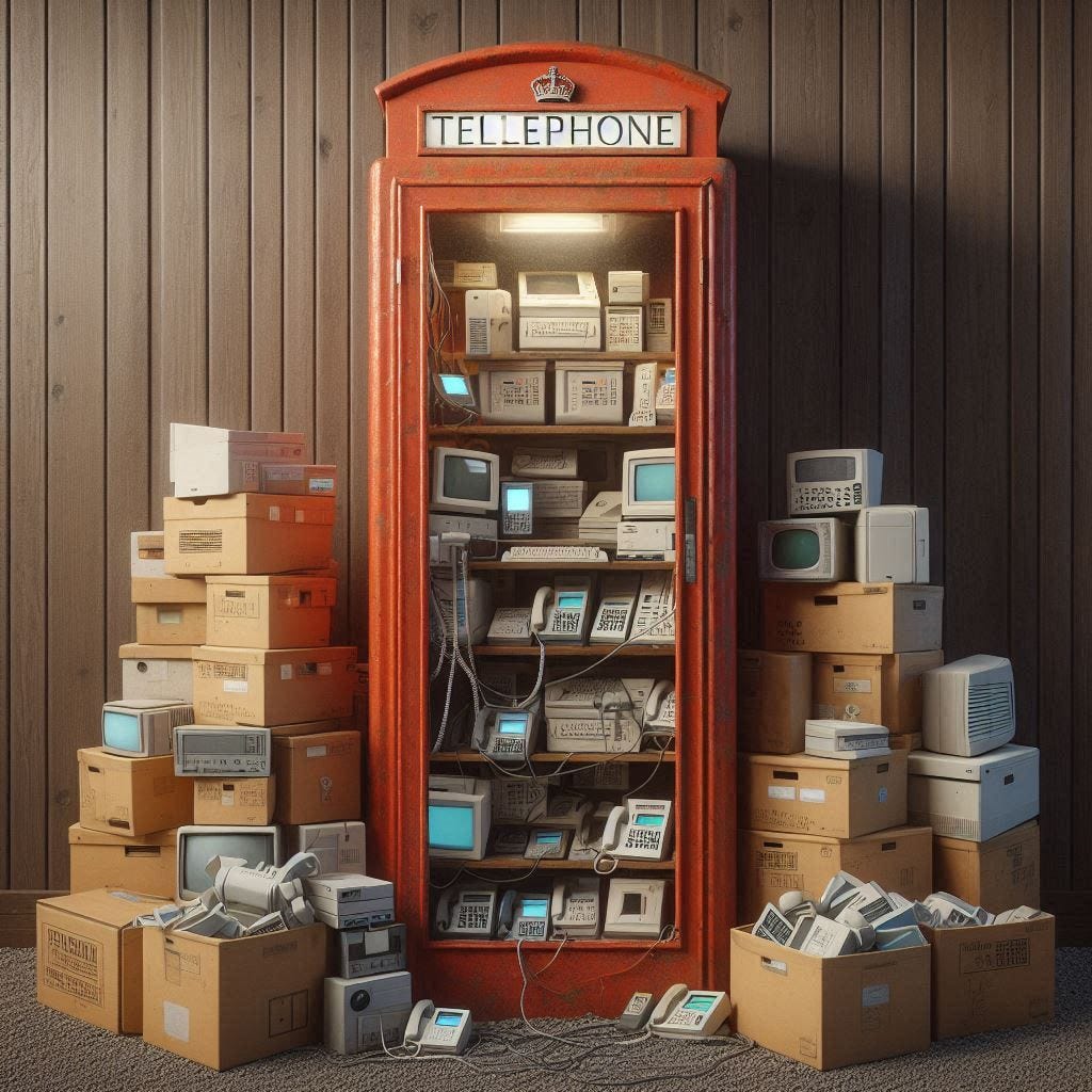 A telephone box filled with old computers and boxes of computer code.