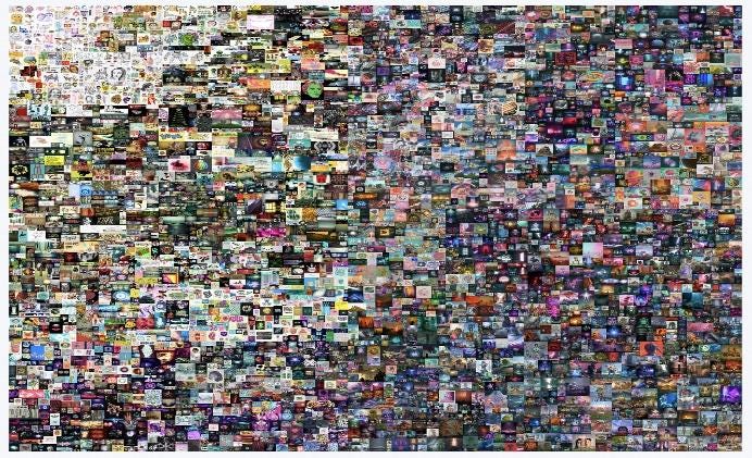 Beeple’s $69 million piece of art, ‘Everydays: The First 5000 Days’, a collage of 5000 individual pieces of digital artwork. Beeple’s $69 million piece of art, ‘Everydays: The First 5000 Days’, a collage of 5000 individual pieces of digital artwork.