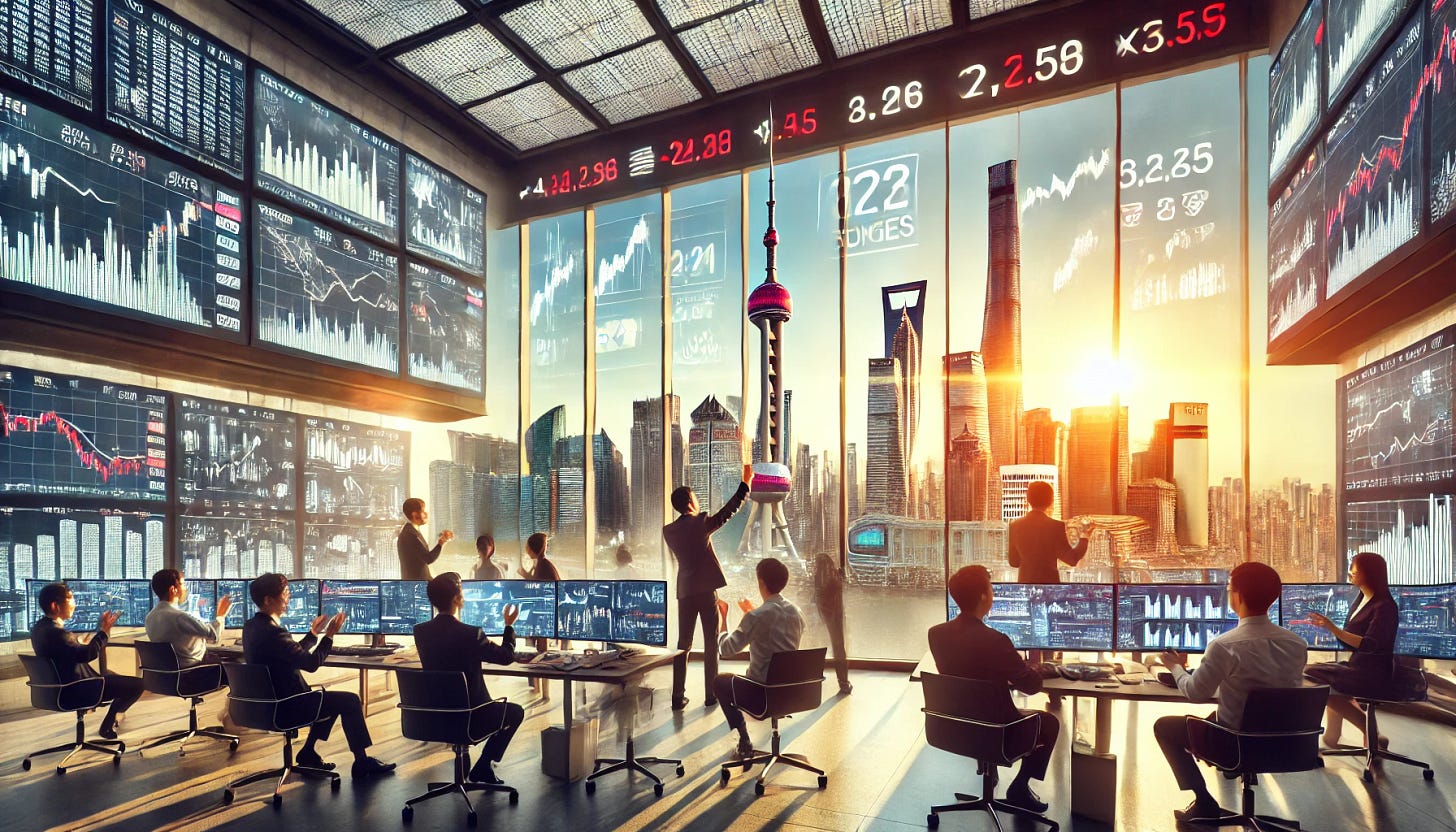 A bustling investment firm in Shanghai, with a modern office interior featuring large glass windows showcasing a view of Shanghai's skyline, including iconic buildings like the Oriental Pearl Tower and the Shanghai Tower. Employees in professional attire are seen analyzing financial charts on large monitors, celebrating successful trades with expressions of excitement and happiness. The atmosphere is vibrant and full of energy, with a digital ticker board displaying rising stock prices. Sunlight streams through the windows, illuminating the office with a sense of prosperity and activity.