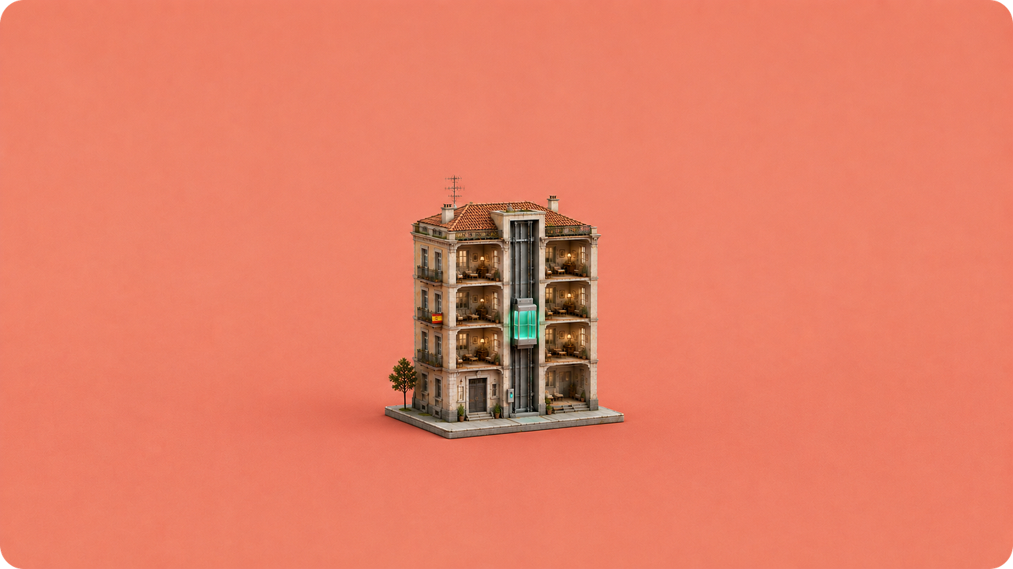 Maqueta 3D de un edificio residencial antiguo en sección con su ascensor modernizado Maqueta 3D de un edificio residencial antiguo en sección con su ascensor modernizado