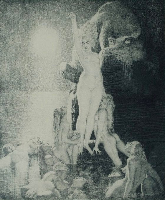 Detailed black-and-white etching shows multiple nude female figures with long flowing hair rising from a watery surface, central figure with arms raised toward a glowing light, surrounded by smaller figures in dynamic poses, evoking mythical sea nymphs in Norman Lindsays style.