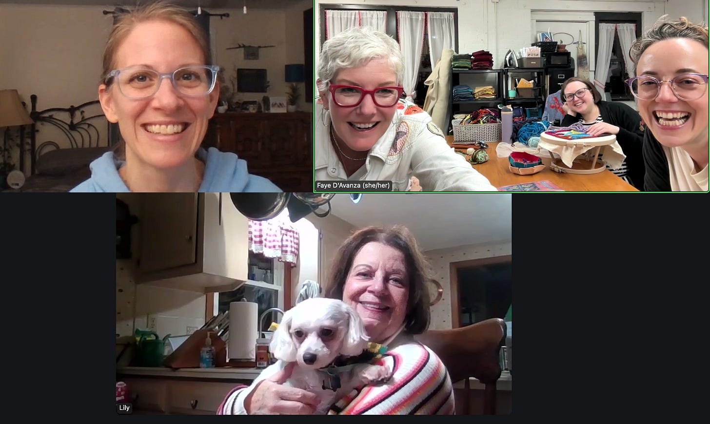 A Zoom screen with faces from a monthly creative gathering.