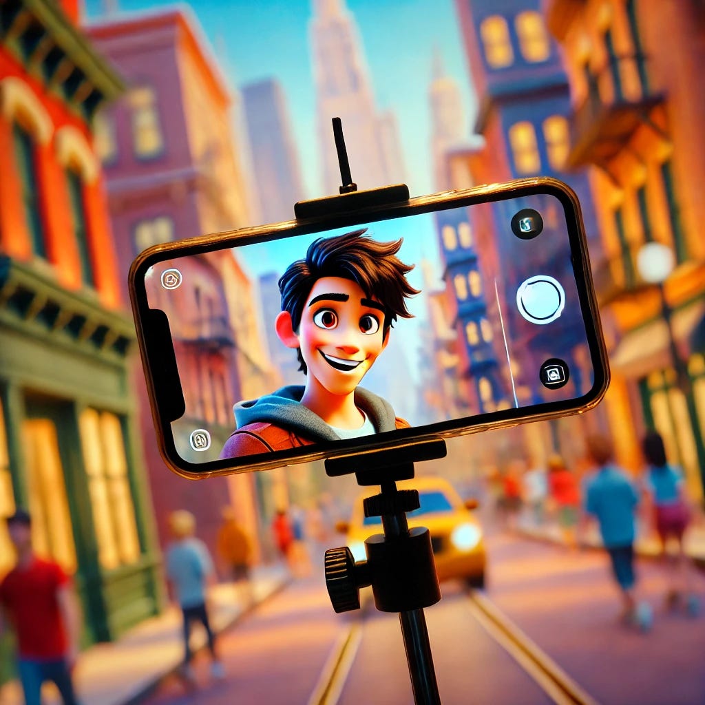 A Disney-style animation of a young man resembling a Disney protagonist filming a short video on a phone mounted on a stand. The phone's screen is visible, showing the man in the center of the frame. The background is a lively urban cityscape with tall buildings, a modern yet whimsical vibe, and soft warm lighting. The scene captures a cheerful and dynamic moment, with a detailed and colorful cartoon aesthetic.
