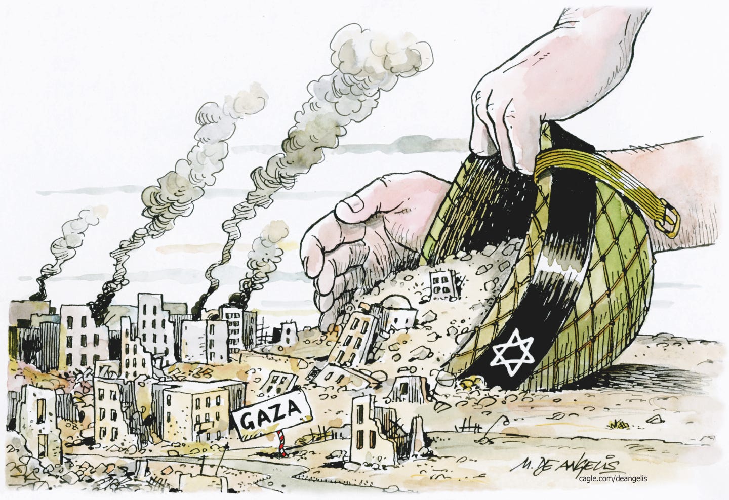 This cartoon shows a smoky, destroyed Gaza strip. An oversized Israeli helmet is scooping up the debris from the city.