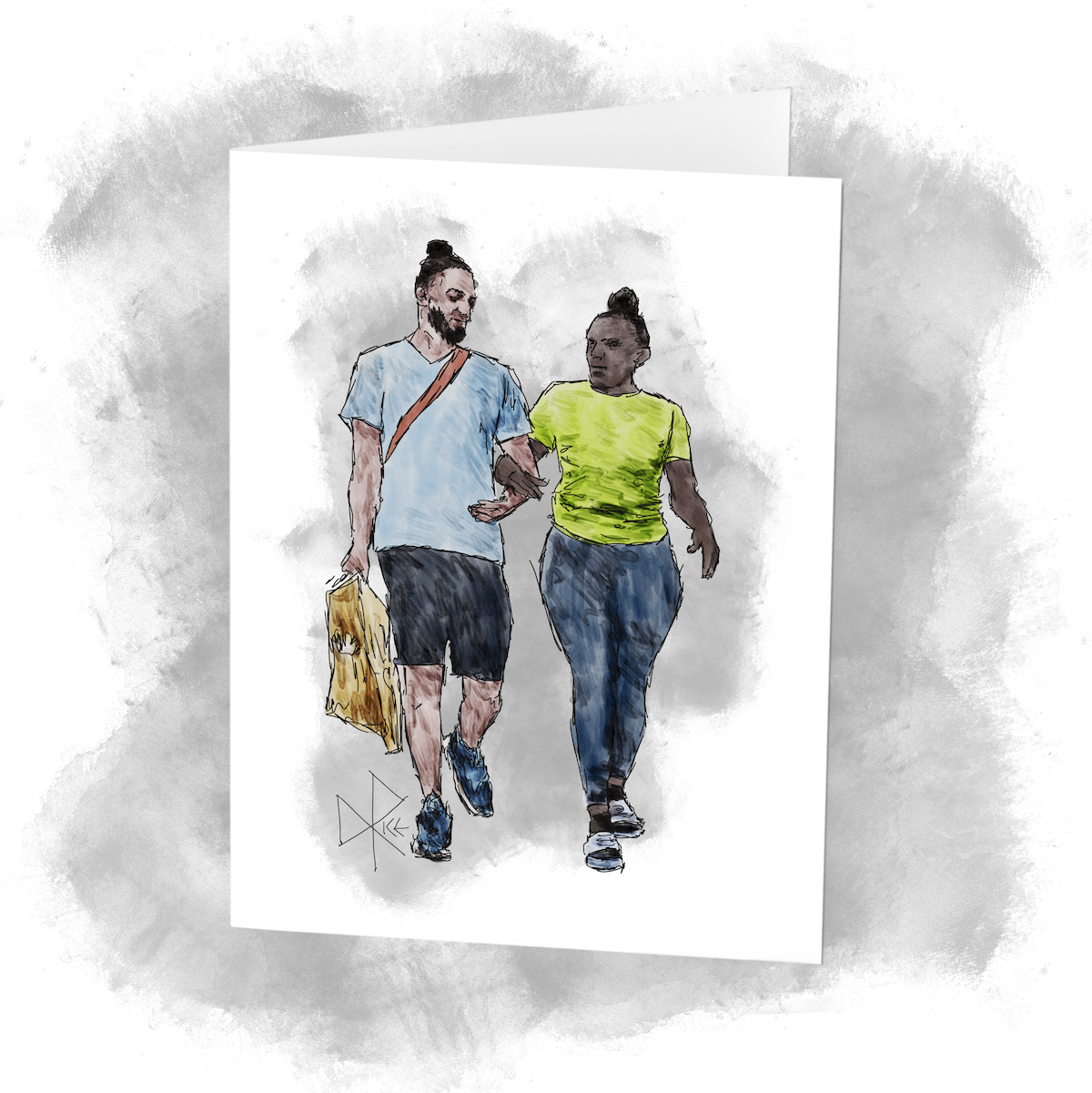 A man and woman walking arm-in-arm, both dressed casually and with their hair tied up in matching hairbuns. Sketch art by Don Rice.