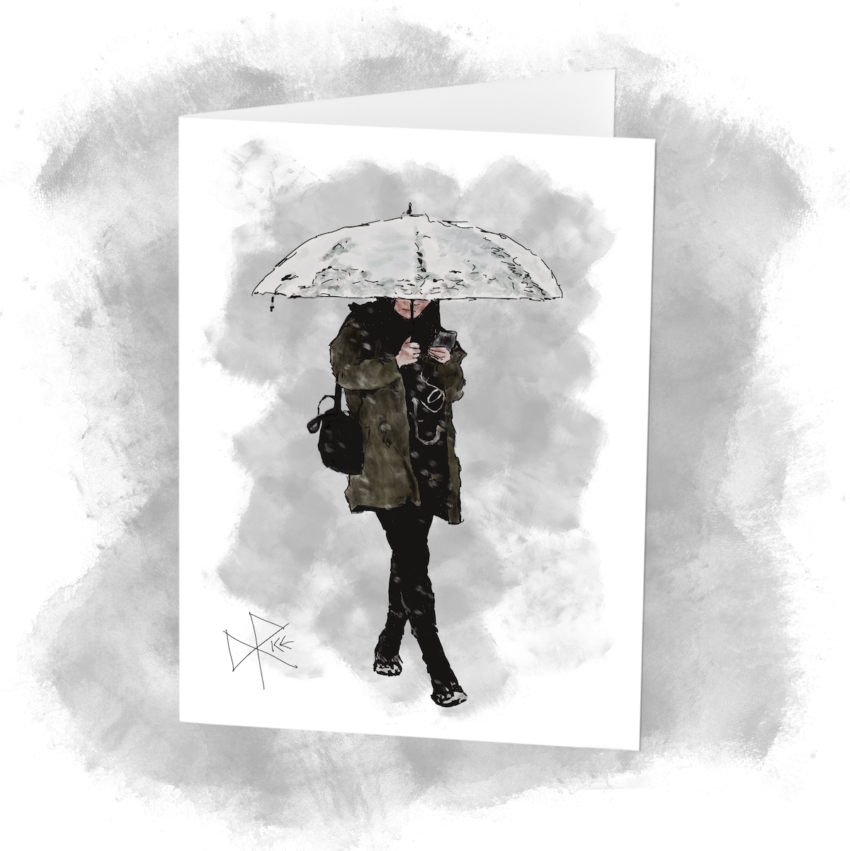 Woman walking while the snow falls, holding her opened umbrella over her head as she uses a mobile phone with her other hand. Snow is falling and has collected stickily to the umbrella and her boots. Sketch art by Don Rice.