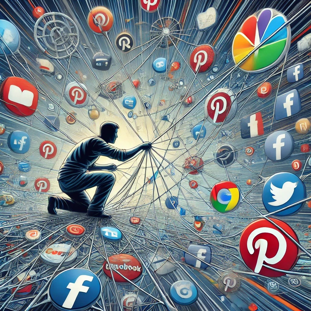A detailed illustration of a person untangling a complex, digital web. The web is composed of logos and icons from various online platforms such as Facebook, Google, and Pinterest, symbolizing interconnectedness and complexity. The person is carefully pulling apart strands of the web, concentrating on the task. Background is a digital, abstract design with lines and nodes, highlighting the intricate network of online platforms. Bright colors are used for the platform icons, while the person and web have a modern, realistic style. The mood is focused and thoughtful, capturing the effort to manage online connections.