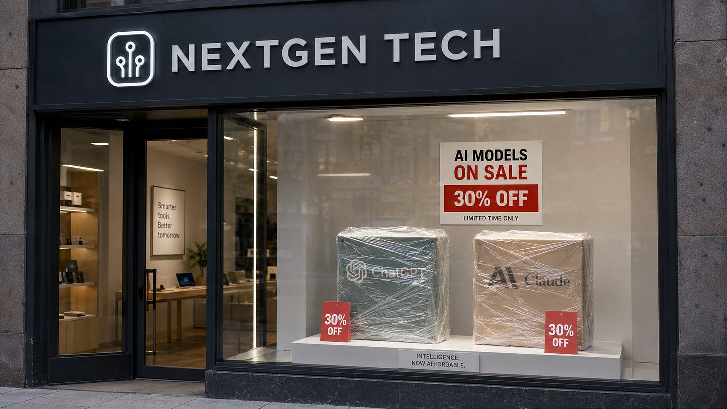 Tech storefront displaying wrapped ChatGPT and Claude models beside discount signs. Tech storefront displaying wrapped ChatGPT and Claude models beside discount signs.