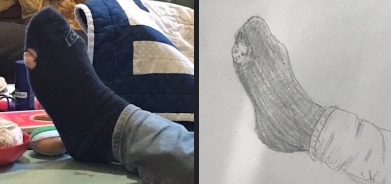 A side-by-side image. On the left, my foot in a sock with a hold at the baby toe. On the right, a pencil portrait of the same image.
