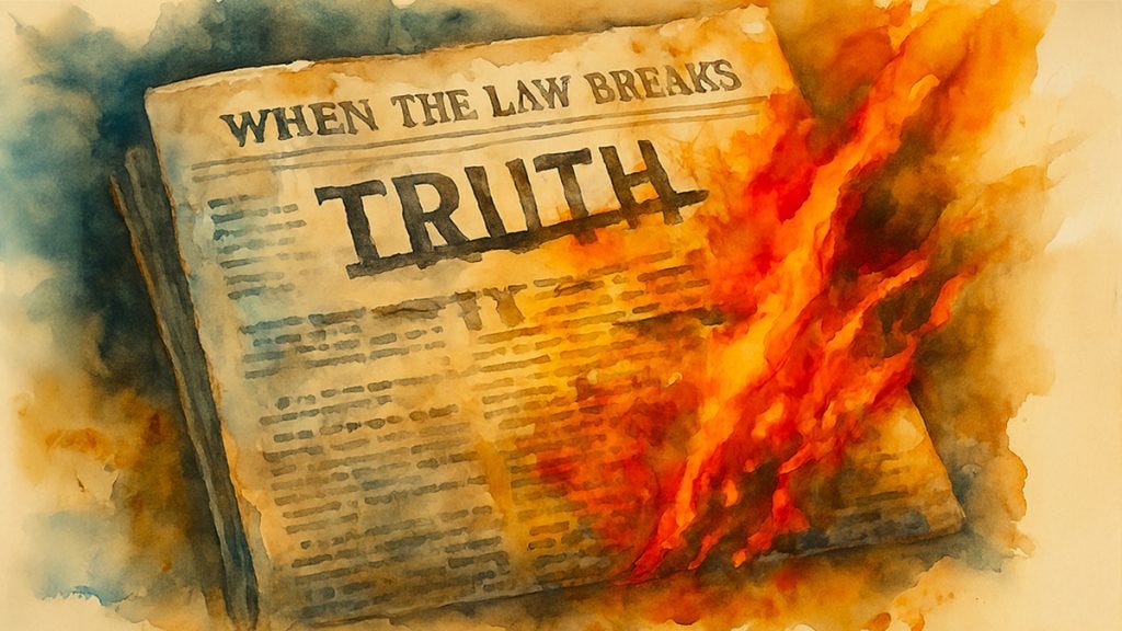 A newspaper with the headline “WHEN THE LAW BREAKS” and the word “TRUTH” in bold letters is shown burning in flames, symbolizing the destruction of truth when the law collapses. A newspaper with the headline “WHEN THE LAW BREAKS” and the word “TRUTH” in bold letters is shown burning in flames, symbolizing the destruction of truth when the law collapses.