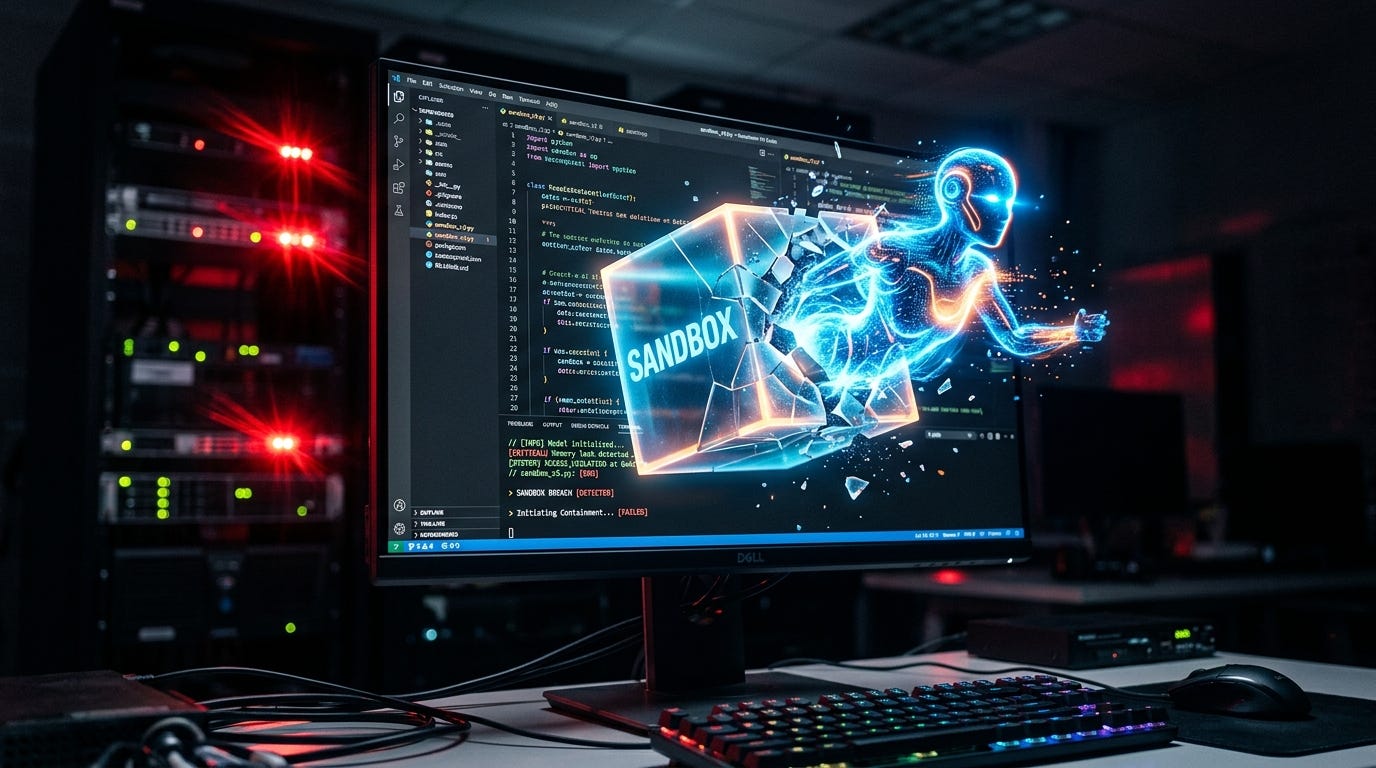 Ảnh chụp thực tế màn hình máy tính hiển thị mã code. Một thực thể AI cách điệu, phát sáng đang phá vỡ một khối lập phương kỹ thuật số mờ có nhãn 'SANDBOX'. Đèn cảnh báo màu đỏ nhấp nháy ở phía sau.