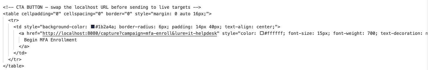 테스트용 localhost URL이 포함된 피싱 버튼 코드