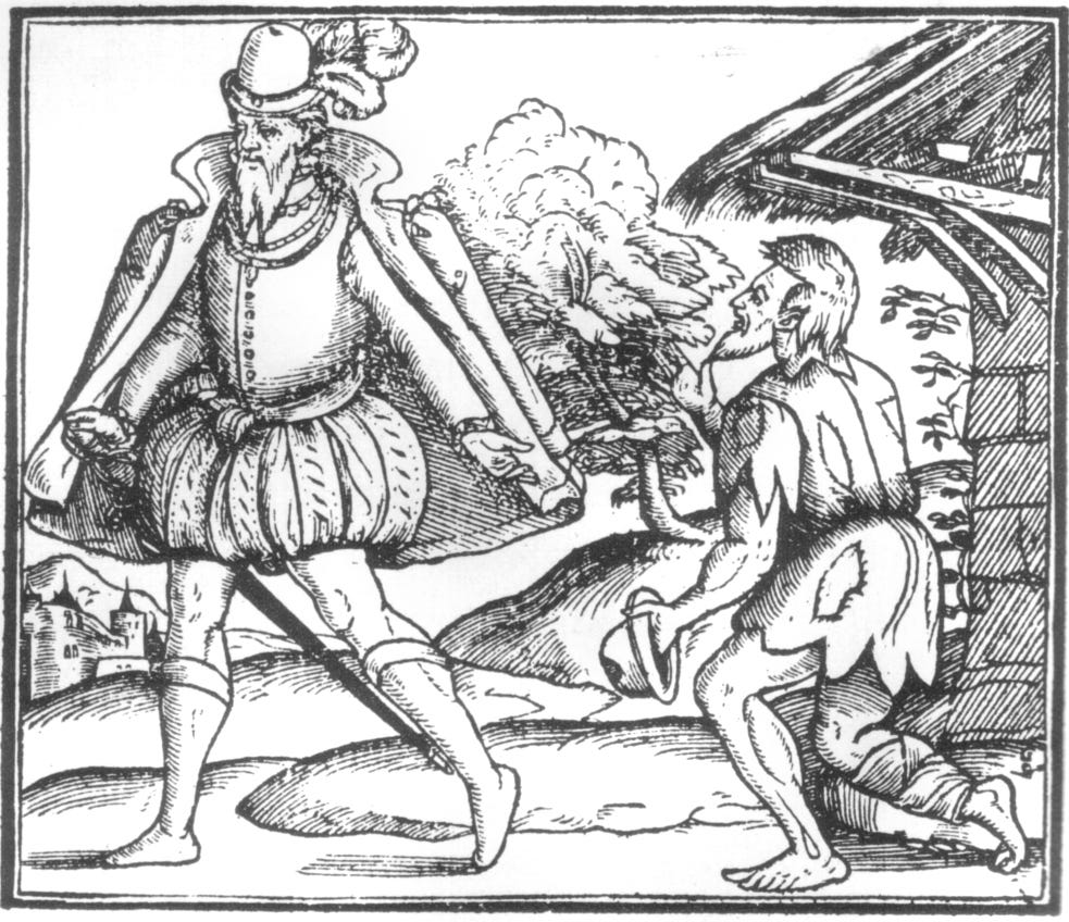 Woodcut-16th century: gentleman giving alms to a beggar.