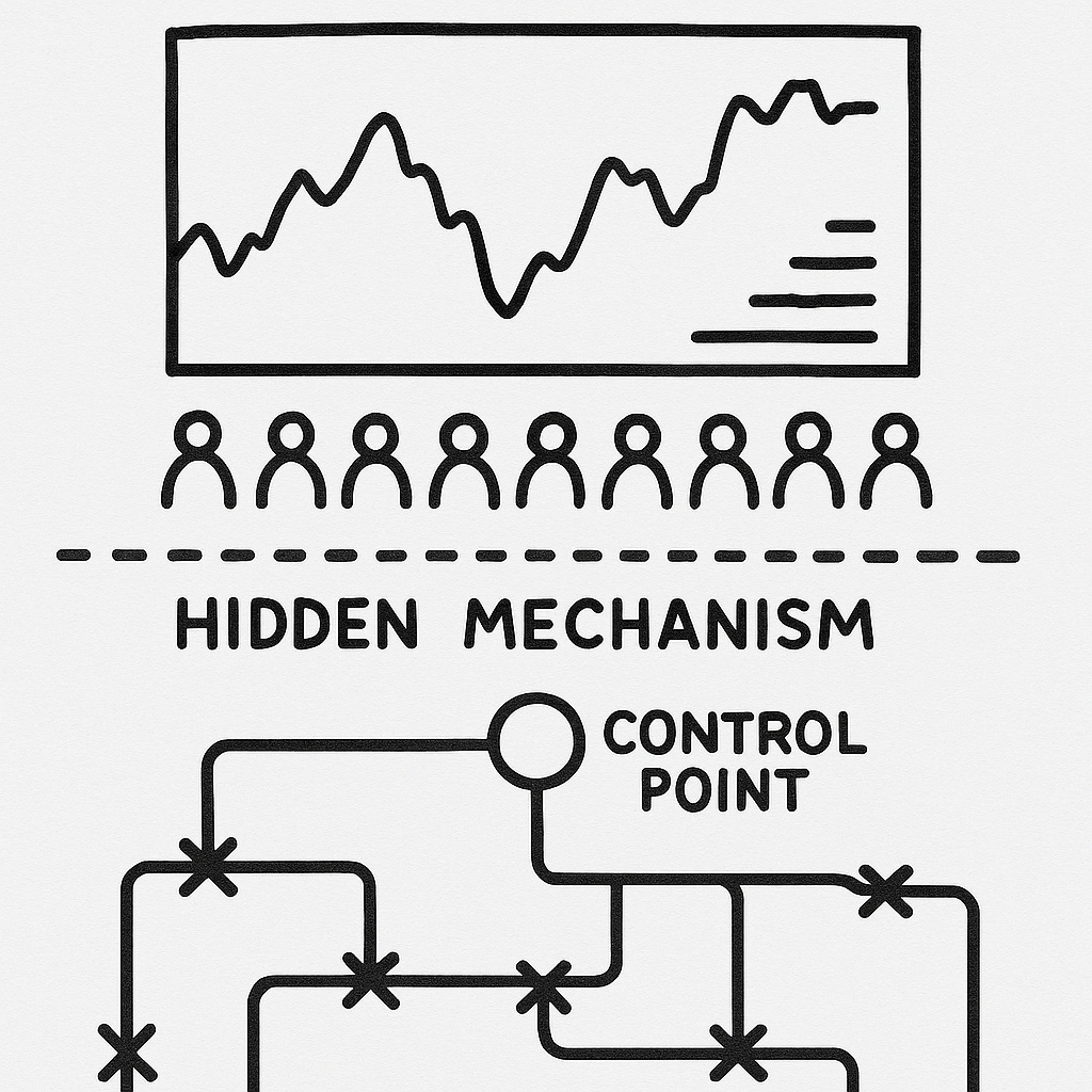 A simple black ink diagram. At the top, a rectangular chart with a jagged line is shown above a row of human figures. Below a dashed dividing line, the words “HIDDEN MECHANISM” appear. Underneath is a network of lines and nodes labeled “CONTROL POINT,” representing a concealed system beneath the chart.