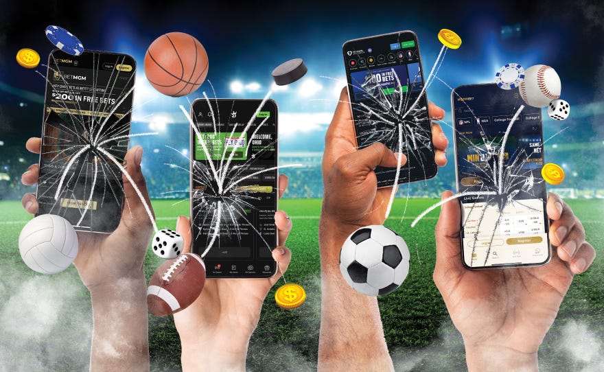 Four hands hold phones with sports betting apps open. The screens are cracked, and sporting equipment, money and dice are flying out of them. 