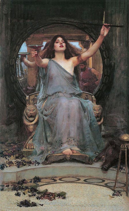 Woman in a blue draped gown sits on an ornate lion-throne, raising a scepter and cup in a dark ceremonial hall.