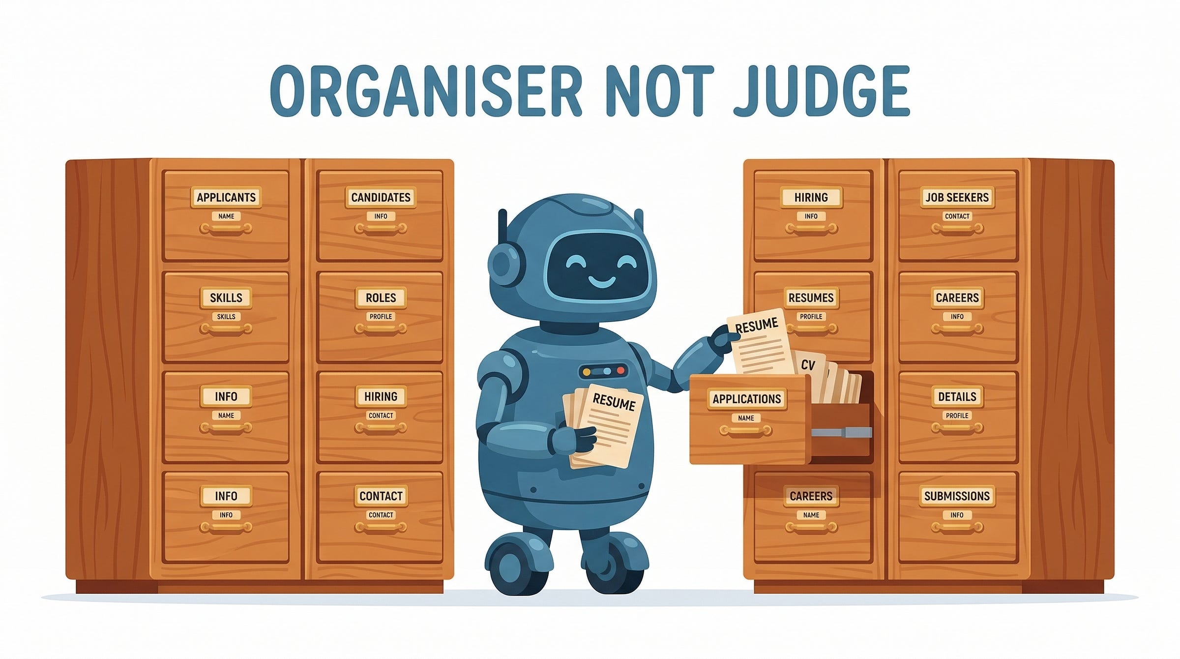 A friendly librarian robot sorting resume cards into filing cabinets — organiser, not judge