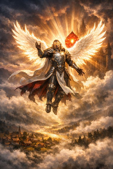 Ithuriel calling Barovia to rise angelic figure hovering above valley wings blazing white fire armor gleaming dawn mists recoiling Heart light flaring storm clouds parting gothic fantasy