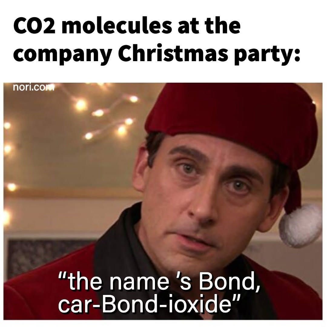 Text: "CO2 molecules at the company Christmas party:" Below, Michael Scott in a red Santa hat and scarf, captioned "the name's Bond, car-Bond-ioxide".