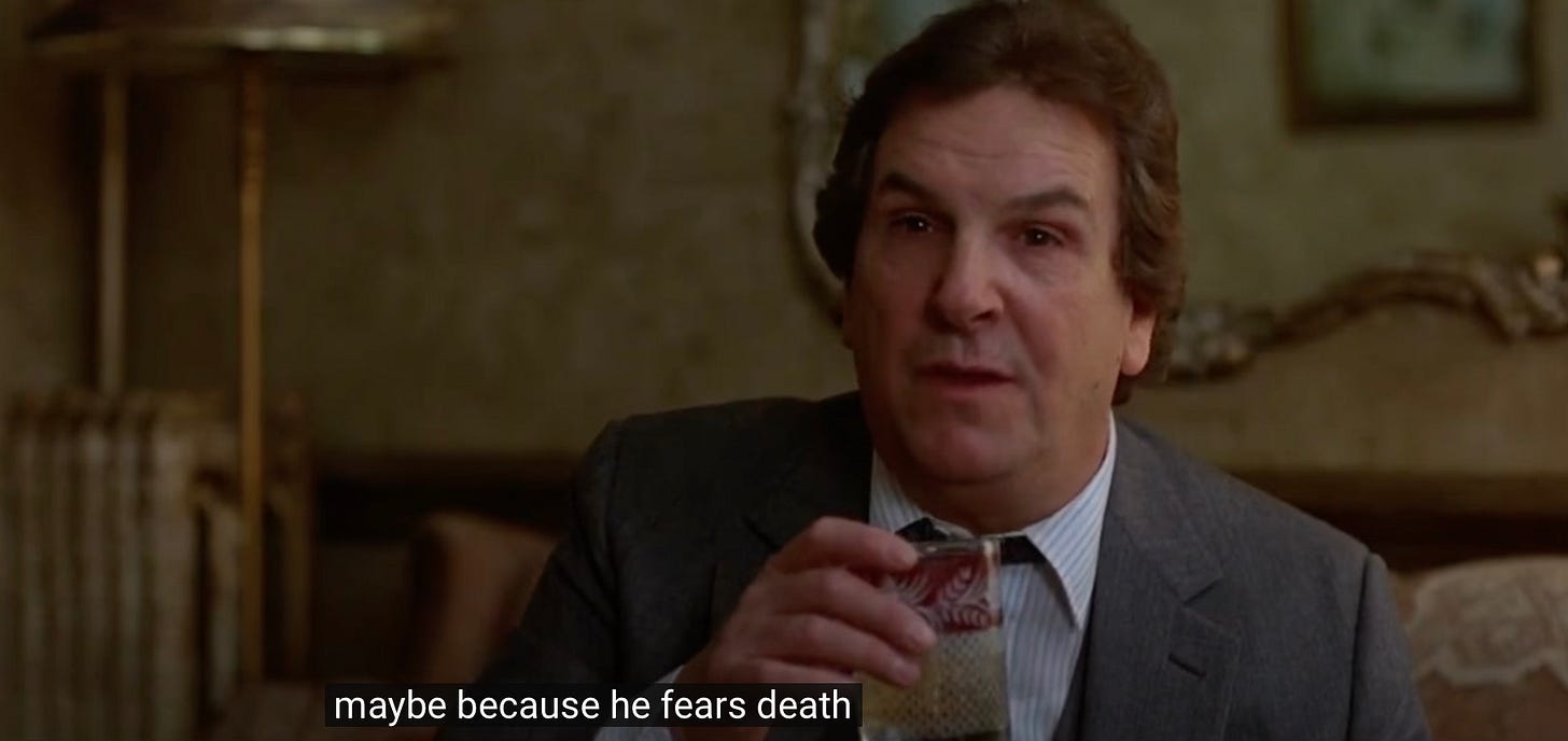 a still from Moonstruck, with Jonny saying "maybe because he fears death" in answer to Rose asking him why men chase women a still from Moonstruck, with Jonny saying "maybe because he fears death" in answer to Rose asking him why men chase women
