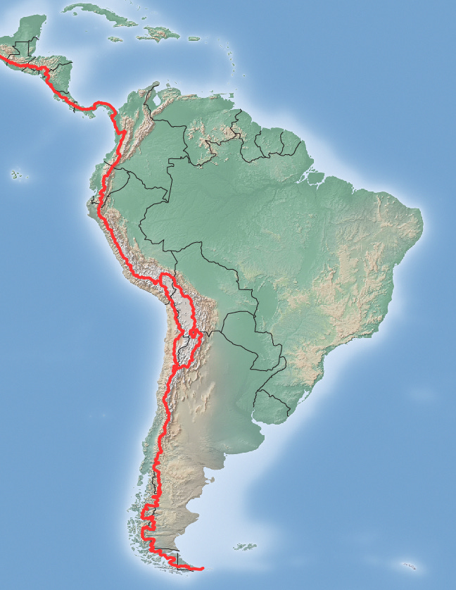 A MAP OF SOUTH AMERICA, WHOSE CONTINENTAL DIVIDE PRETTY MUCH HUGS THE PACIFIC COAST