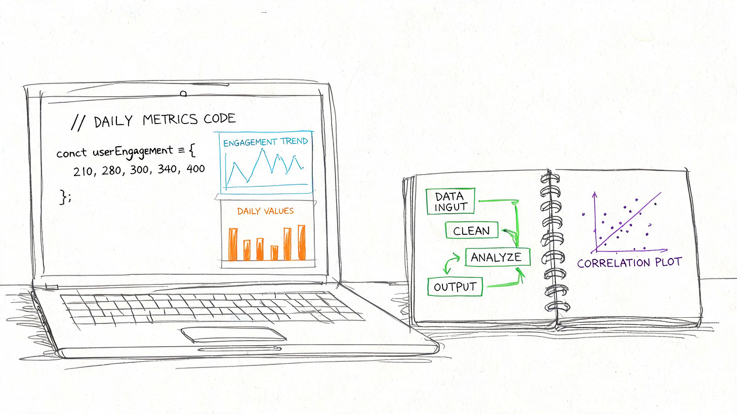 A hand-drawn illustration showing a laptop displaying data metrics and a notebook showing data analysis workflows. A hand-drawn illustration showing a laptop displaying data metrics and a notebook showing data analysis workflows.