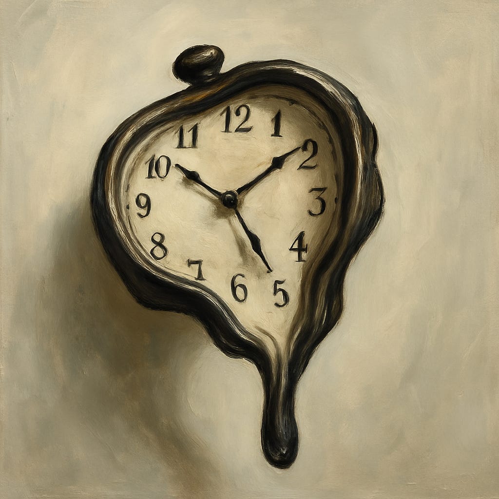 Surreal painting of a melting clock with warped edges, symbolizing the collapse of shared time and the disorientation of temporal dislocation.