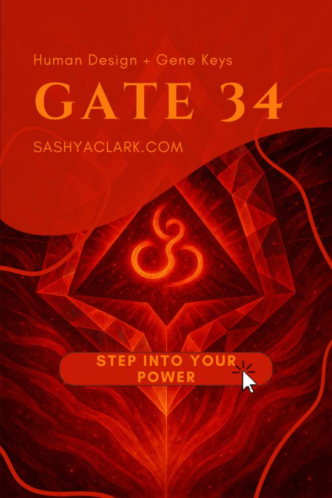 A prismatic red, cosmic-style illustration featuring an abstract glowing symbol inside a faceted triangular shape, radiating fiery light and swirling energetic patterns that evoke power, strength, and vitality—reflecting the energy of Human Design Gate 34. No text is included.