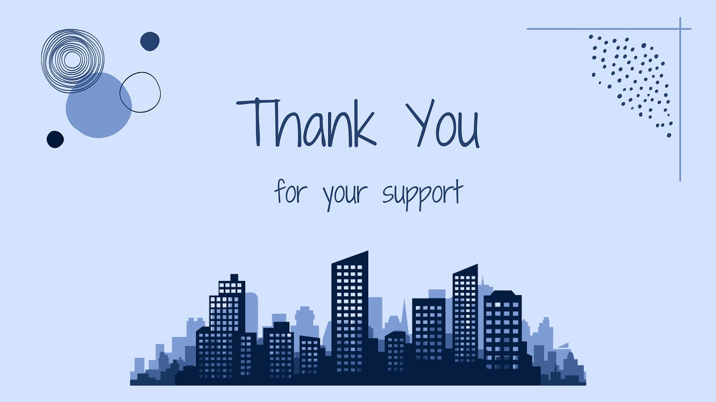 Cityscape in lower third. Above that is text: Thank you for your support.