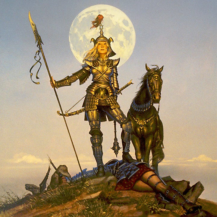 LEFT: Detail from AMAZONS featuring a female warrior posing triumphantly with a foot resting on her fallen foe. Her head is framed by the full moon as she holds out her spear at arm length with butt resting on the ground.  RIGHT: Close detail from AMAZONS featuring a heavily armed warrior with curving blade slung low behind her back. The pommel is a crescent moon. A heavy mace hangs at her hip. Her armor is banded over her hips with an ornament decorated with a black dragon with wings spread. A black steed cranes its neck as it stars directly at the audience with eyes reflecting bronze. Its harness is black studded leather, but its bridle is decorative blue