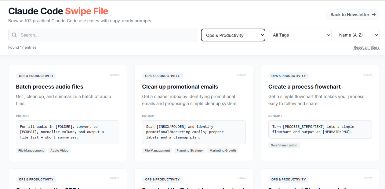 Screenshot of the Claude Code Swipe File interface showing ops and productivity prompts, search and filter controls, and cards like “Batch process audio files” and “Clean up promotional emails.”