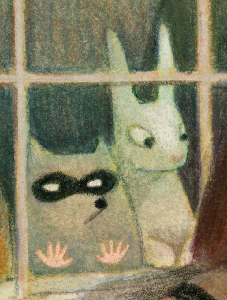 raccoon and bunny in the background by Jennifer M Potter