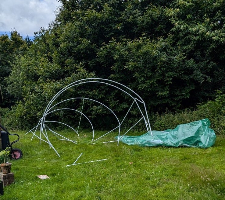 Polytunnel in pieces on the grass