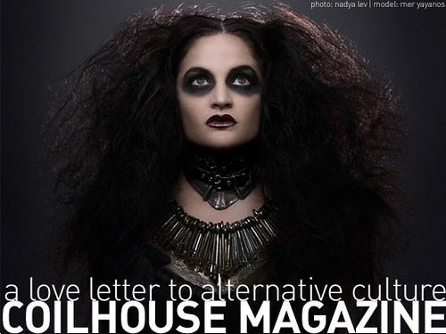 Meredith Yayanos on the cover of Coilhouse Magazine, photographed by Nadya Lev with dramatic black eye makeup, voluminous dark hair and gothic jewellery, beneath the tagline “A love letter to alternative culture.” Meredith Yayanos on the cover of Coilhouse Magazine, photographed by Nadya Lev with dramatic black eye makeup, voluminous dark hair and gothic jewellery, beneath the tagline “A love letter to alternative culture.”