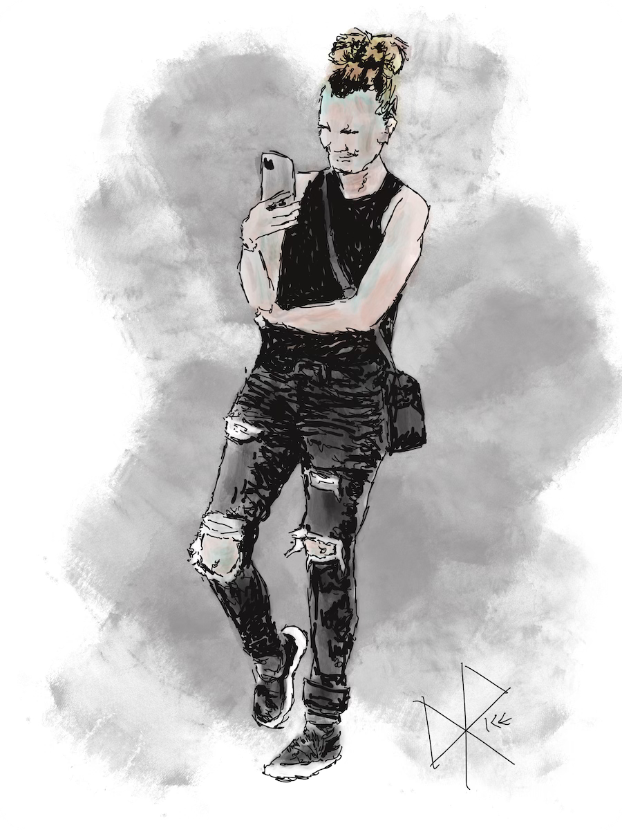A lovely young woman out walking, but her focus is entirely on her phone. Sketch art by Don Rice. A lovely young woman out walking, but her focus is entirely on her phone. Sketch art by Don Rice.