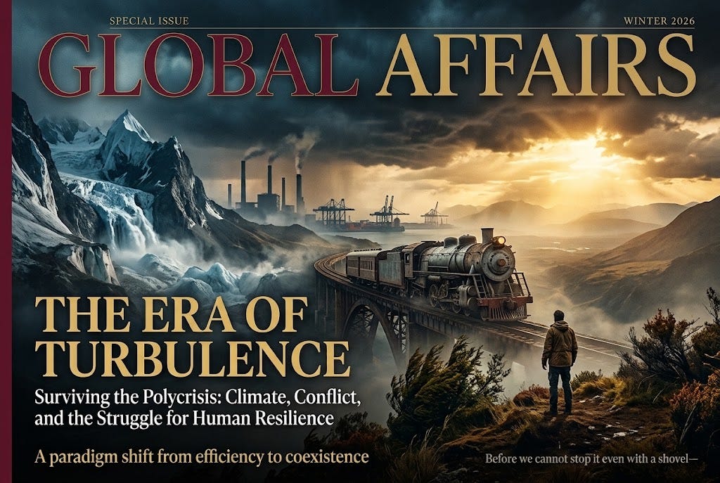 A professional magazine cover in 3:2 (6:4) aspect ratio, designed as a prestigious global affairs or environmental publication, representing the "Era of Turbulence & Polycrisis" based on <IMAGE_0> but with all references to "K-GSP", "K-Global Scholars and Professionals Forum", and its logo completely removed.
Visual edits:
- Top Left: The circular logo with the split US/South Korea globe, laurels, and book has been entirely removed.
- Top Header: The large text "K-GSP FORUM" has been completely removed. In its place, the top of the cover features the dramatic, dark storm-laden sky, and a new non-branded, prestigious, and cinematic magazine title "GLOBAL AFFAIRS" or "THE CHRONICLE" in deep burgundy or gold, with "SPECIAL ISSUE" and a date "WINTER 2026" above it in very small, elegant type.
- Top Right: "WINTER 2026" remains in its small, elegant font.
Retain the precise high-quality pictorial content from <IMAGE_0>:
- Picture: A dramatic, stark landscape under an agitated, dark storm-laden sky with a piercing, cinematic golden sunlight breaking through. On the left, towering, unstable glacial mountains and cascading ice melt (referencing Nepal collapses) are backdropped by the distant, hazy silhouettes of industrial smokestacks and modern global city harbor infrastructure (global supply chain). A large, weathered, vintage metal locomotive or express train ("special express train without a conductor") is seen traversing an old, winding bridge in the mid-ground, heading into a vast, hazy valley.
- Foreground: The natural world shows resilience with hardy, wind-blown vegetation, rugged earth, and a single human figure in a rugged jacket standing on an overlook, symbolizing the struggle, observing the vast, turbulent landscape. The color palette features deep, stormy blues, dark steel, earth tones, and striking contrasts of amber, gold, and crimson. The image has a rich film-grain texture, sharp focus, and a sense of vast, natural, and geopolitical drama.
Text (Minimal and highly attentive):
- Main Cover Headline (positioned thoughtfully on the left or bottom, using striking serif typography): "THE ERA OF TURBULENCE" in bold, large gold or white.
- Sub-Headline: "Surviving the Polycrisis: Climate, Conflict, and the Struggle for Human Resilience" in a smaller, elegant white font.
- Bottom cover line: "A paradigm shift from efficiency to coexistence" on the bottom left, and a poignant proverb in tiny, subtle text: "Before we cannot stop it even with a shovel—" on the bottom right.
Composition: Balanced, cinematic, and storytelling-driven, avoiding clutter. Crisp, professional photojournalism style. No infographic boxes, bullets, or busy text—allowing the awe-inspiring, troubled landscape to capture attention on a heavy, premium magazine cover. No branding from the K-GSP., AI generated, AI generated A professional magazine cover in 3:2 (6:4) aspect ratio, designed as a prestigious global affairs or environmental publication, representing the "Era of Turbulence & Polycrisis" based on <IMAGE_0> but with all references to "K-GSP", "K-Global Scholars and Professionals Forum", and its logo completely removed.
Visual edits:
- Top Left: The circular logo with the split US/South Korea globe, laurels, and book has been entirely removed.
- Top Header: The large text "K-GSP FORUM" has been completely removed. In its place, the top of the cover features the dramatic, dark storm-laden sky, and a new non-branded, prestigious, and cinematic magazine title "GLOBAL AFFAIRS" or "THE CHRONICLE" in deep burgundy or gold, with "SPECIAL ISSUE" and a date "WINTER 2026" above it in very small, elegant type.
- Top Right: "WINTER 2026" remains in its small, elegant font.
Retain the precise high-quality pictorial content from <IMAGE_0>:
- Picture: A dramatic, stark landscape under an agitated, dark storm-laden sky with a piercing, cinematic golden sunlight breaking through. On the left, towering, unstable glacial mountains and cascading ice melt (referencing Nepal collapses) are backdropped by the distant, hazy silhouettes of industrial smokestacks and modern global city harbor infrastructure (global supply chain). A large, weathered, vintage metal locomotive or express train ("special express train without a conductor") is seen traversing an old, winding bridge in the mid-ground, heading into a vast, hazy valley.
- Foreground: The natural world shows resilience with hardy, wind-blown vegetation, rugged earth, and a single human figure in a rugged jacket standing on an overlook, symbolizing the struggle, observing the vast, turbulent landscape. The color palette features deep, stormy blues, dark steel, earth tones, and striking contrasts of amber, gold, and crimson. The image has a rich film-grain texture, sharp focus, and a sense of vast, natural, and geopolitical drama.
Text (Minimal and highly attentive):
- Main Cover Headline (positioned thoughtfully on the left or bottom, using striking serif typography): "THE ERA OF TURBULENCE" in bold, large gold or white.
- Sub-Headline: "Surviving the Polycrisis: Climate, Conflict, and the Struggle for Human Resilience" in a smaller, elegant white font.
- Bottom cover line: "A paradigm shift from efficiency to coexistence" on the bottom left, and a poignant proverb in tiny, subtle text: "Before we cannot stop it even with a shovel—" on the bottom right.
Composition: Balanced, cinematic, and storytelling-driven, avoiding clutter. Crisp, professional photojournalism style. No infographic boxes, bullets, or busy text—allowing the awe-inspiring, troubled landscape to capture attention on a heavy, premium magazine cover. No branding from the K-GSP., AI generated, AI generated