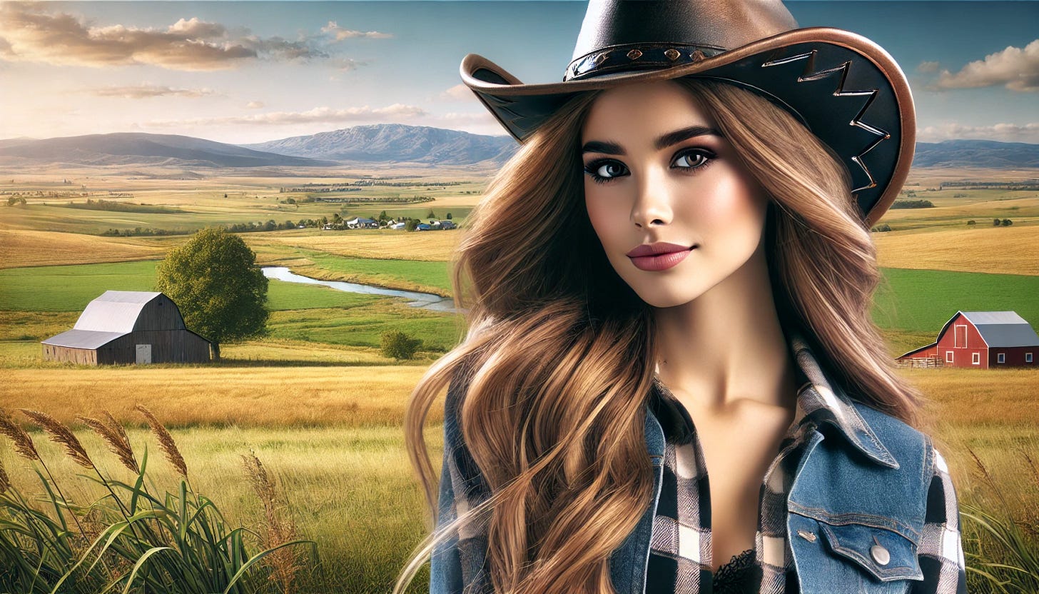 A realistic image of an attractive woman wearing a cowboy hat. She has a confident and friendly expression, with long, flowing hair cascading over her shoulders. She is dressed in a stylish western outfit, possibly including a plaid shirt and jeans. The background features a scenic landscape with open fields and a bright blue sky, evoking a sense of freedom and adventure. The image is in a wide aspect ratio, capturing both the woman and the expansive surroundings.