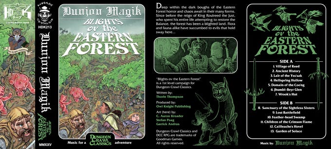 A mockup of a cassette cover and insert for Dunjon Magik's Blights ov the Eastern Forest soundtrack featuring artwork by C.Aaron Kreader, Stefan Poag and Garrick Andrus.