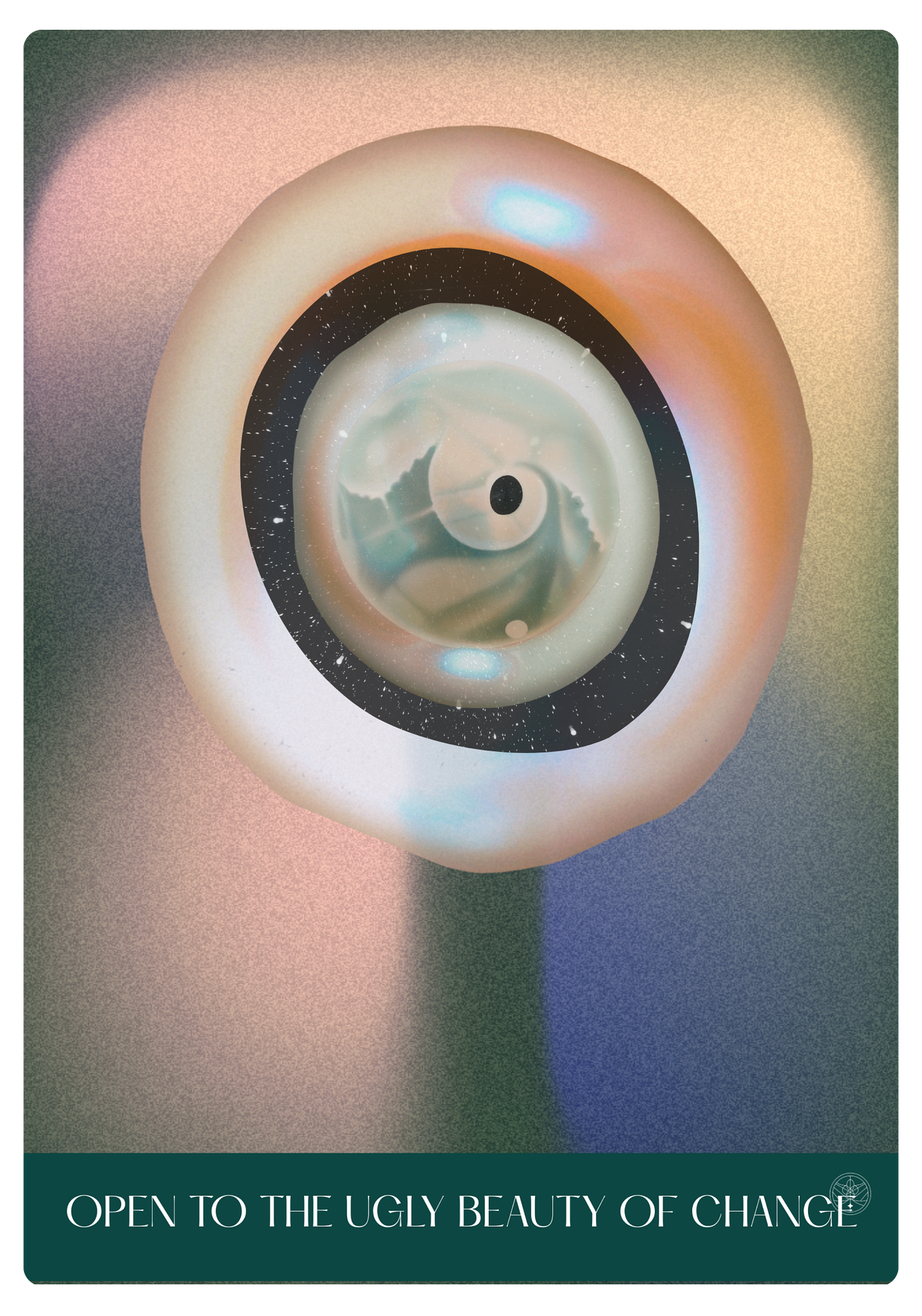 A stylised digital artwork depicting a Sheela na Gig figure rendered as concentric circular forms in soft, iridescent colours. The image shows layered rings of pearlescent white, dark space, and luminous tones that spiral inward, representing the ancient Celtic symbol of feminine power and transformation.