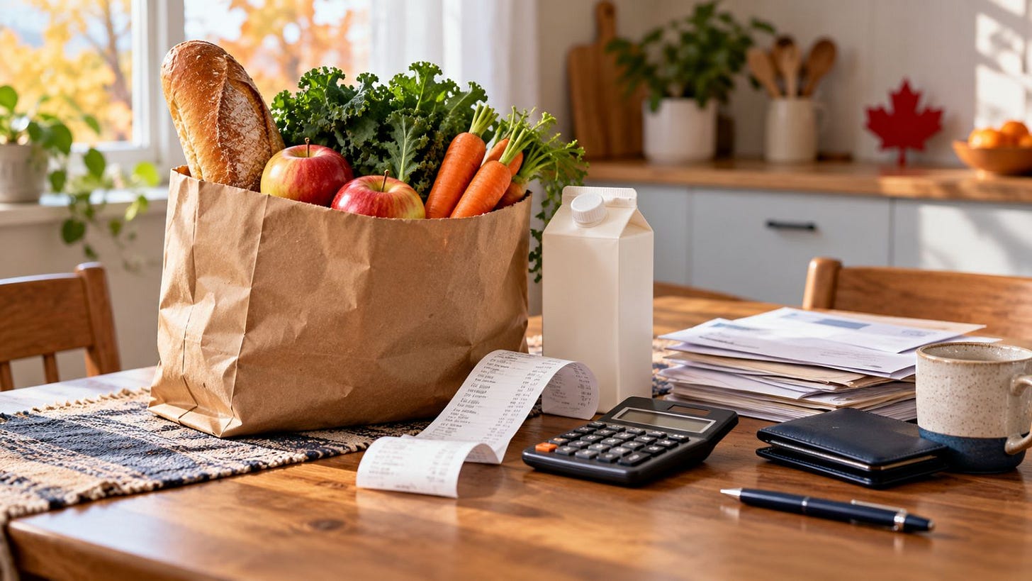 Photo-style illustration of groceries, a receipt, calculator and household bills on a Canadian kitchen table.