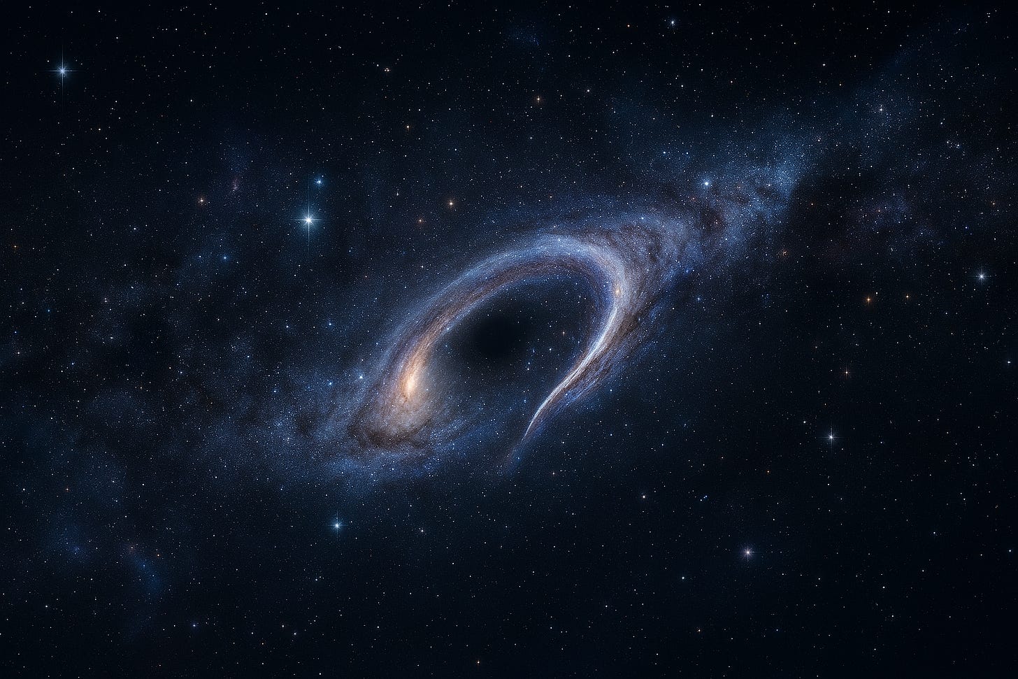 A realistic, high-resolution astronomical scene depicting a distant galaxy being subtly distorted by gravitational lensing caused by an invisible dark object. The image shows a swirl of cosmic light bending slightly, as if pinched or warped, in deep space. The lensing effect is faint but noticeable — a visual “flaw” in the otherwise perfect galactic arc. The background features a rich, star-filled universe with subtle nebulae, glowing galaxies, and dark cosmic voids, emphasizing the vastness and mystery of space. The color palette includes deep blues, purples, and silvers, evoking a sense of awe and scientific wonder. Style should be photorealistic and cinematic, as if captured by a space telescope like Hubble or James Webb. Lighting is natural and cosmic, with fine detail on the warped light paths and starfield. Image ratio 16:9, 1920x1080 pixels.