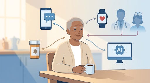 A woman surrounded by images of AI tools and medications