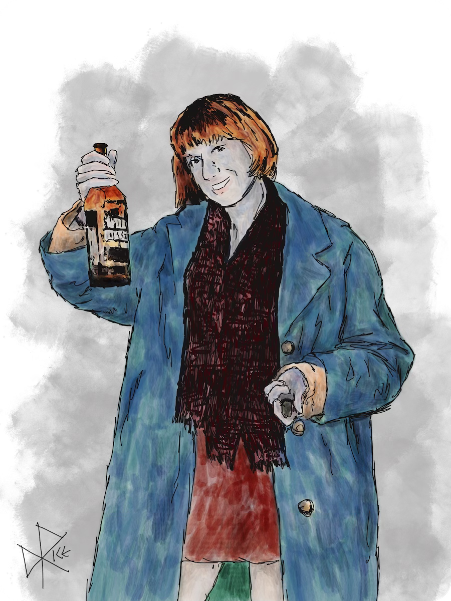 A young woman arriving to a late autumn backyard bonfire party, happy to both imbibe and share the brown liquor that she has brought with her. Sketch art by Don Rice.
